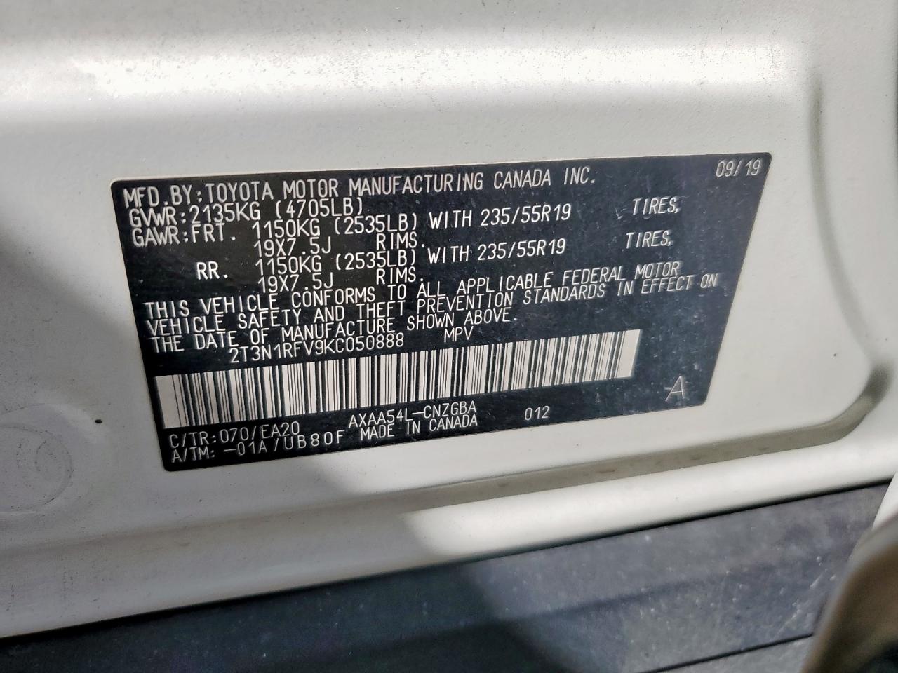 2019 Toyota Rav4 Limited VIN: 2T3N1RFV9KC050888 Lot: 85850755