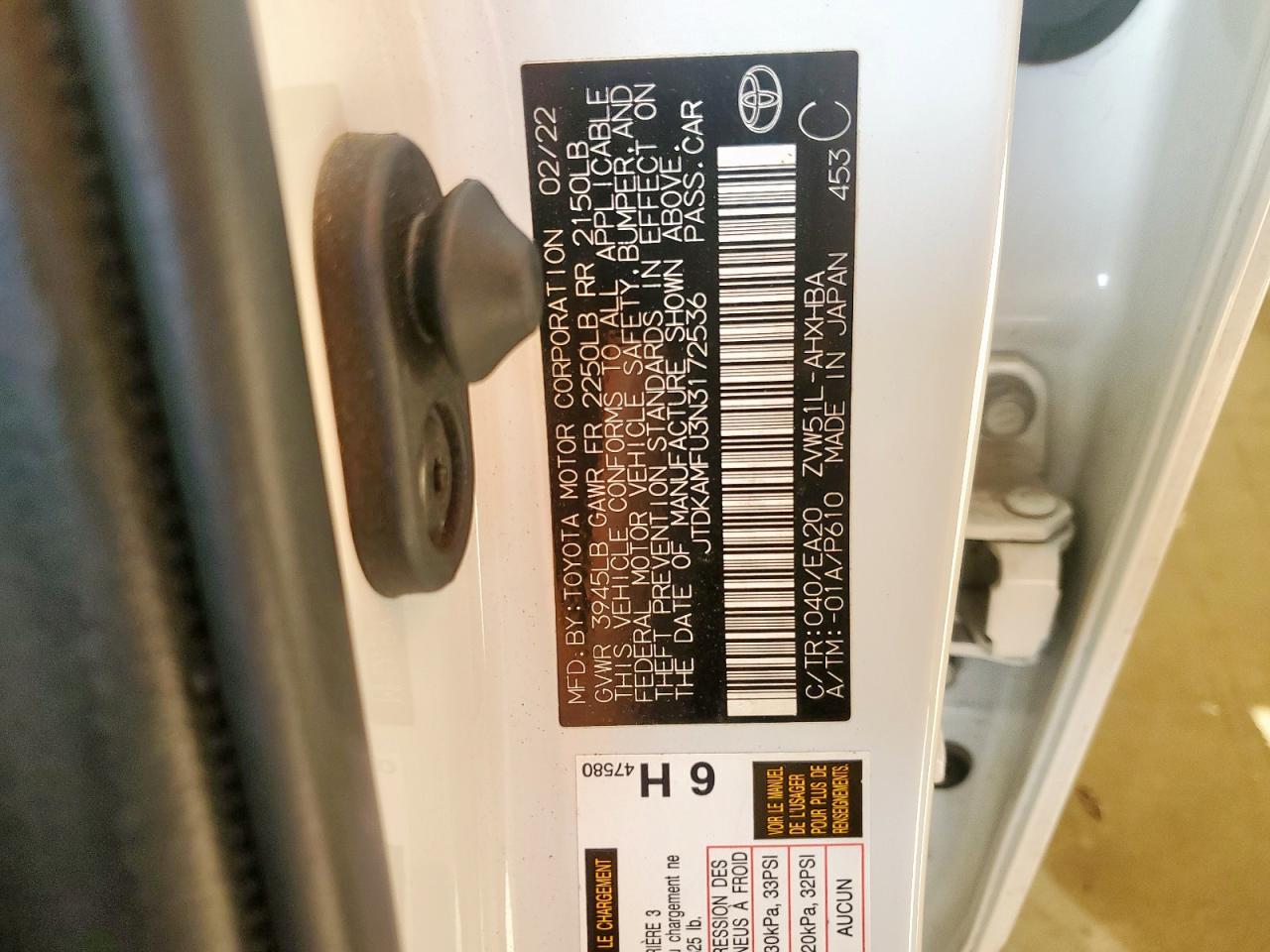 2022 Toyota Prius Night Shade VIN: JTDKAMFU3N3172536 Lot: 84072835