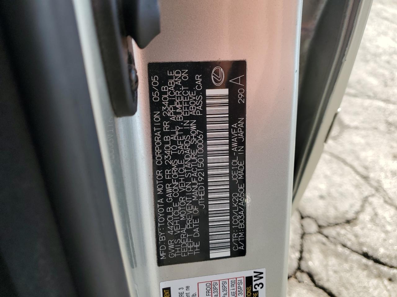 2005 Lexus Is 300 Sportcross VIN: JTHED192150100067 Lot: 84955675