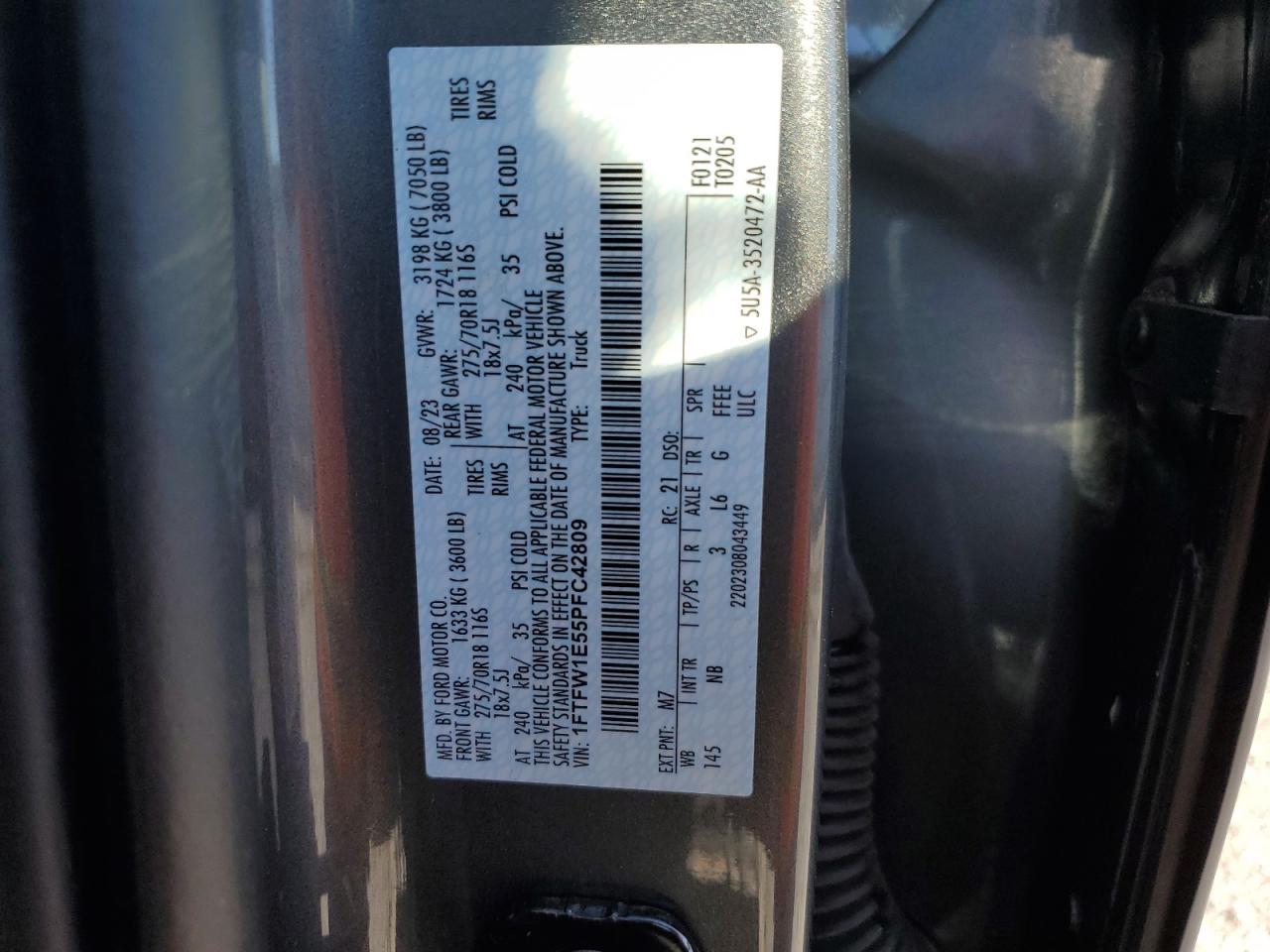 2023 Ford F150 Supercrew VIN: 1FTFW1E55PFC42809 Lot: 90784065