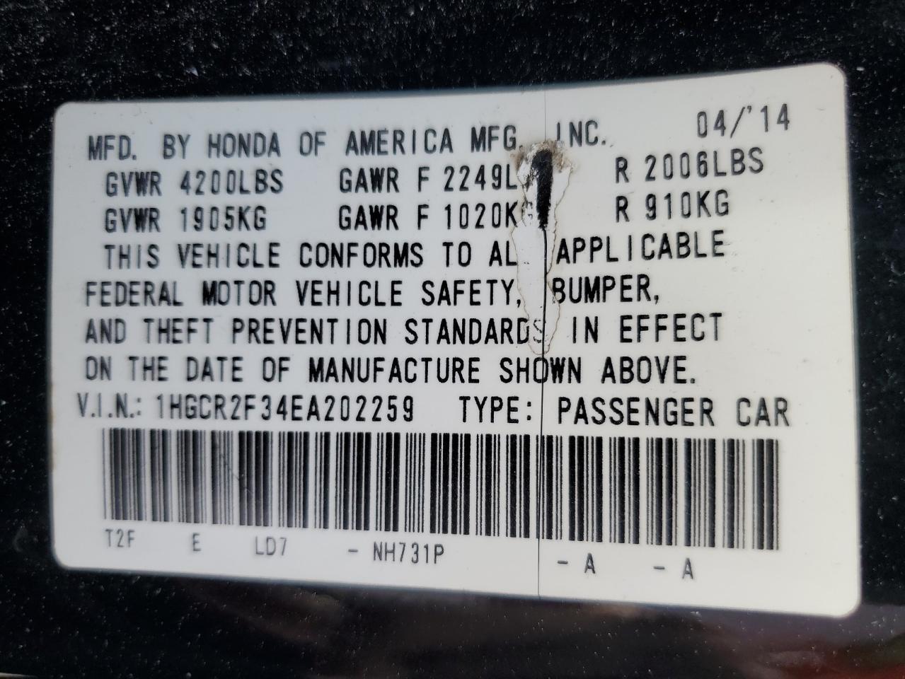 2014 Honda Accord Lx VIN: 1HGCR2F34EA202259 Lot: 84418495