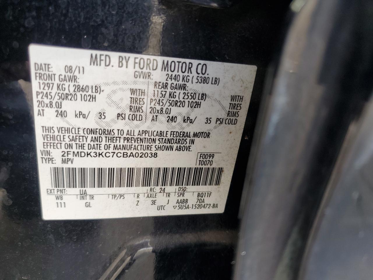 2012 Ford Edge Limited VIN: 2FMDK3KC7CBA02038 Lot: 82279535