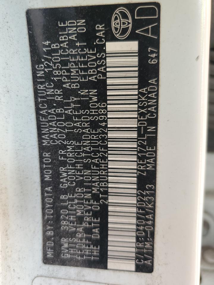 2015 Toyota Corolla L VIN: 2T1BURHE2FC324986 Lot: 85794975