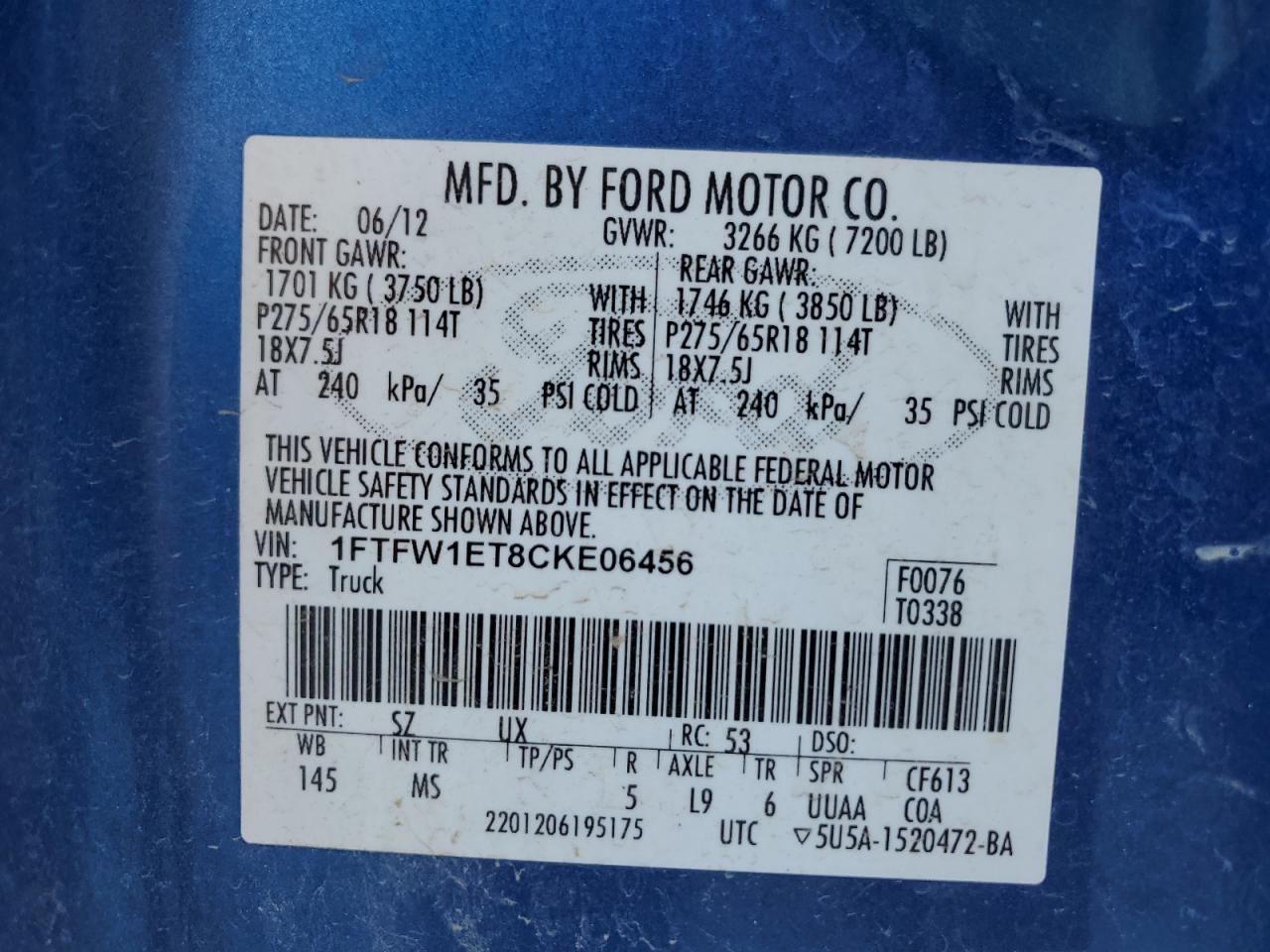 2012 Ford F150 Supercrew VIN: 1FTFW1ET8CKE06456 Lot: 86450795