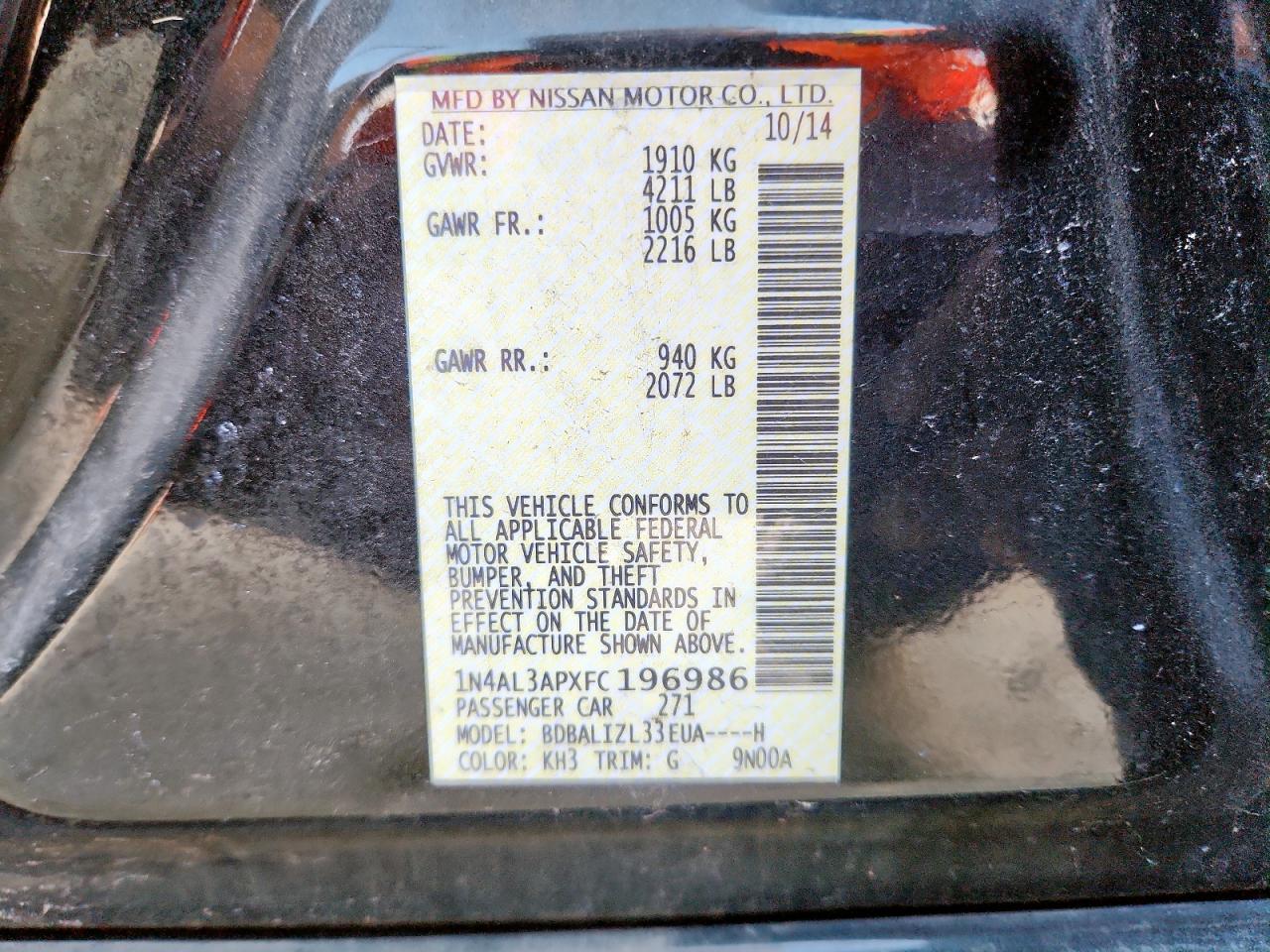 2015 Nissan Altima 2.5 VIN: 1N4AL3APXFC196986 Lot: 85588015