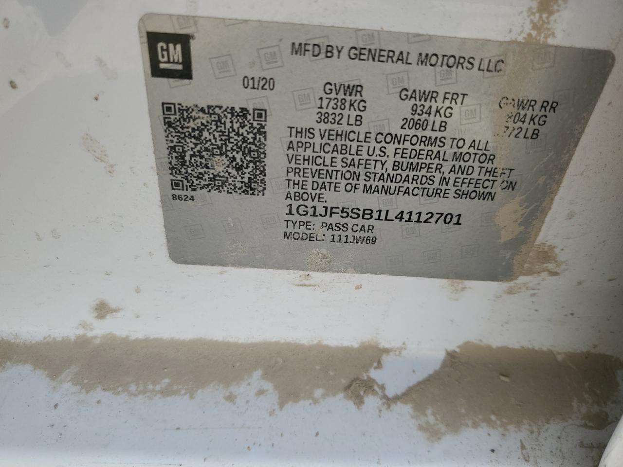 2020 Chevrolet Sonic Premier VIN: 1G1JF5SB1L4112701 Lot: 82232665