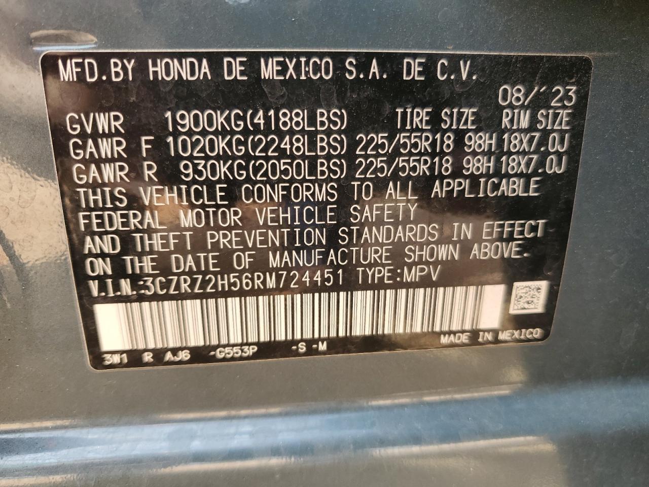 2024 Honda Hr-V Sport VIN: 3CZRZ2H56RM724451 Lot: 82428345