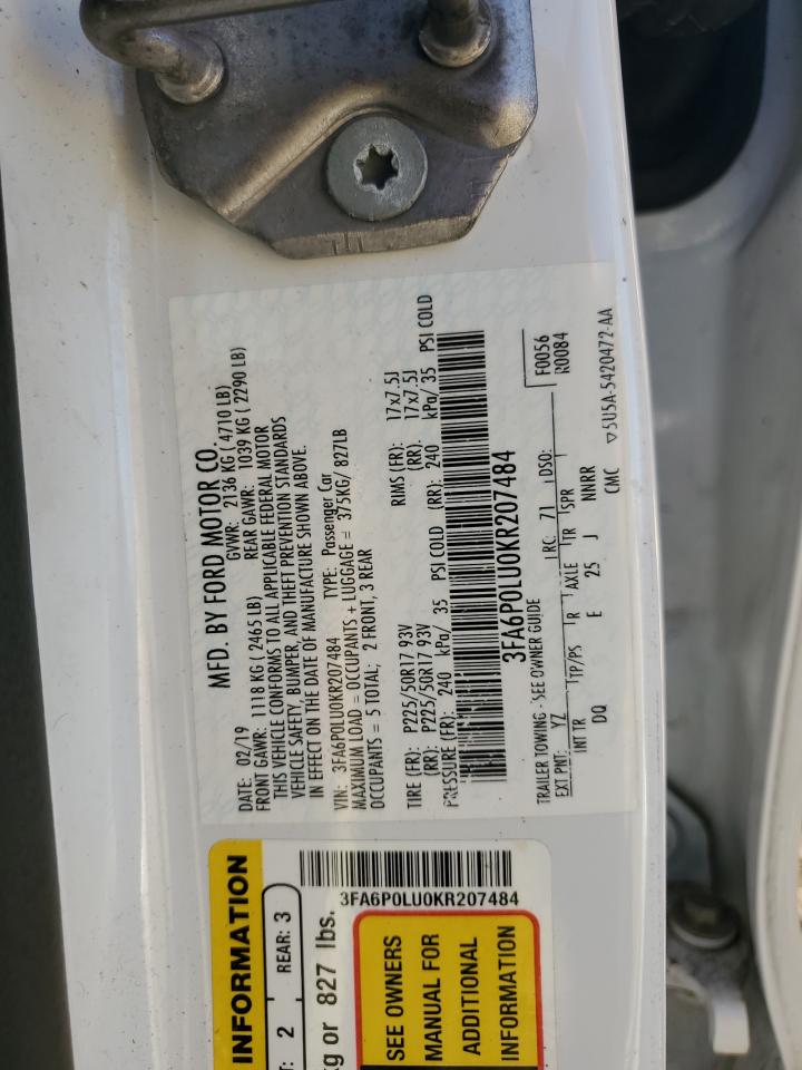 2019 Ford Fusion Se VIN: 3FA6P0LU0KR207484 Lot: 89632725