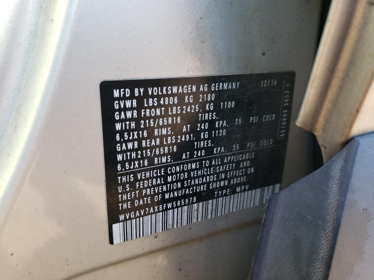 2015 Volkswagen Tiguan S VIN: WVGAV7AX8FW565978 Lot: 84397585