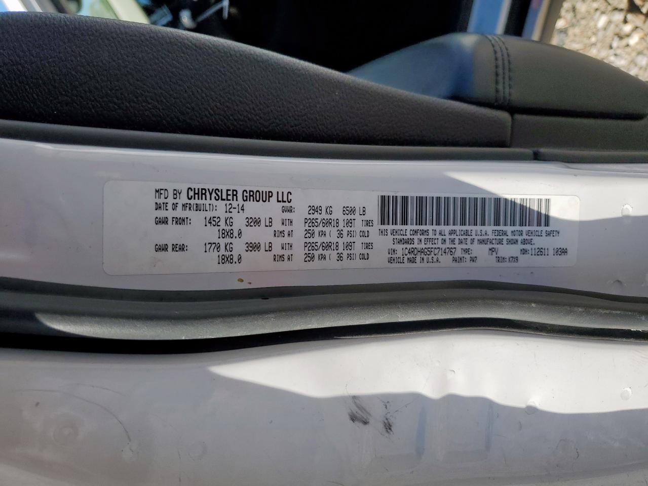 2015 Dodge Durango Sxt VIN: 1C4RDHAG5FC714767 Lot: 90449235