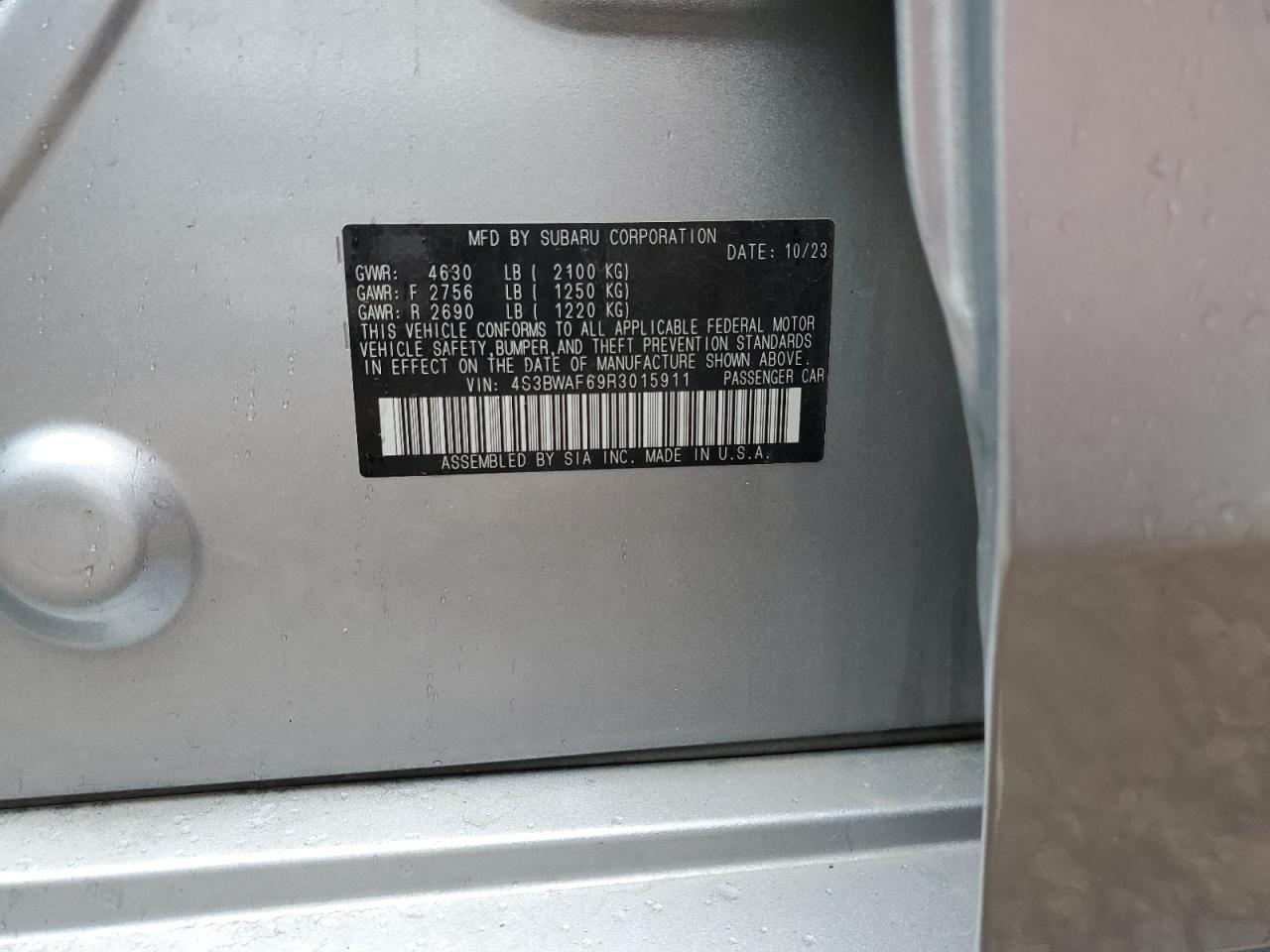 2024 Subaru Legacy Premium VIN: 4S3BWAF69R3015911 Lot: 87374255