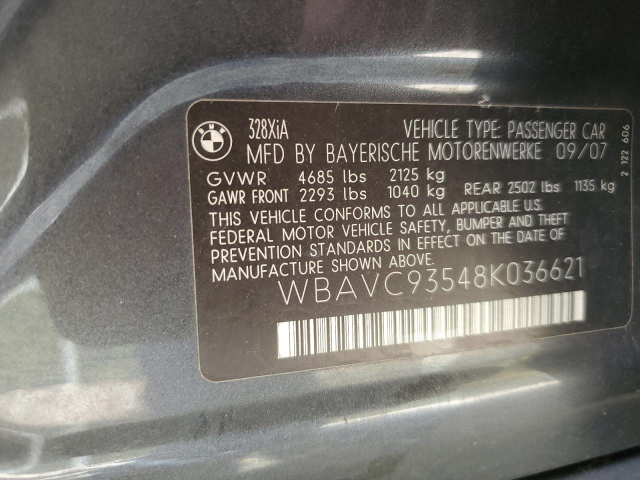 2008 BMW 328 Xi VIN: WBAVC93548K036621 Lot: 82310525