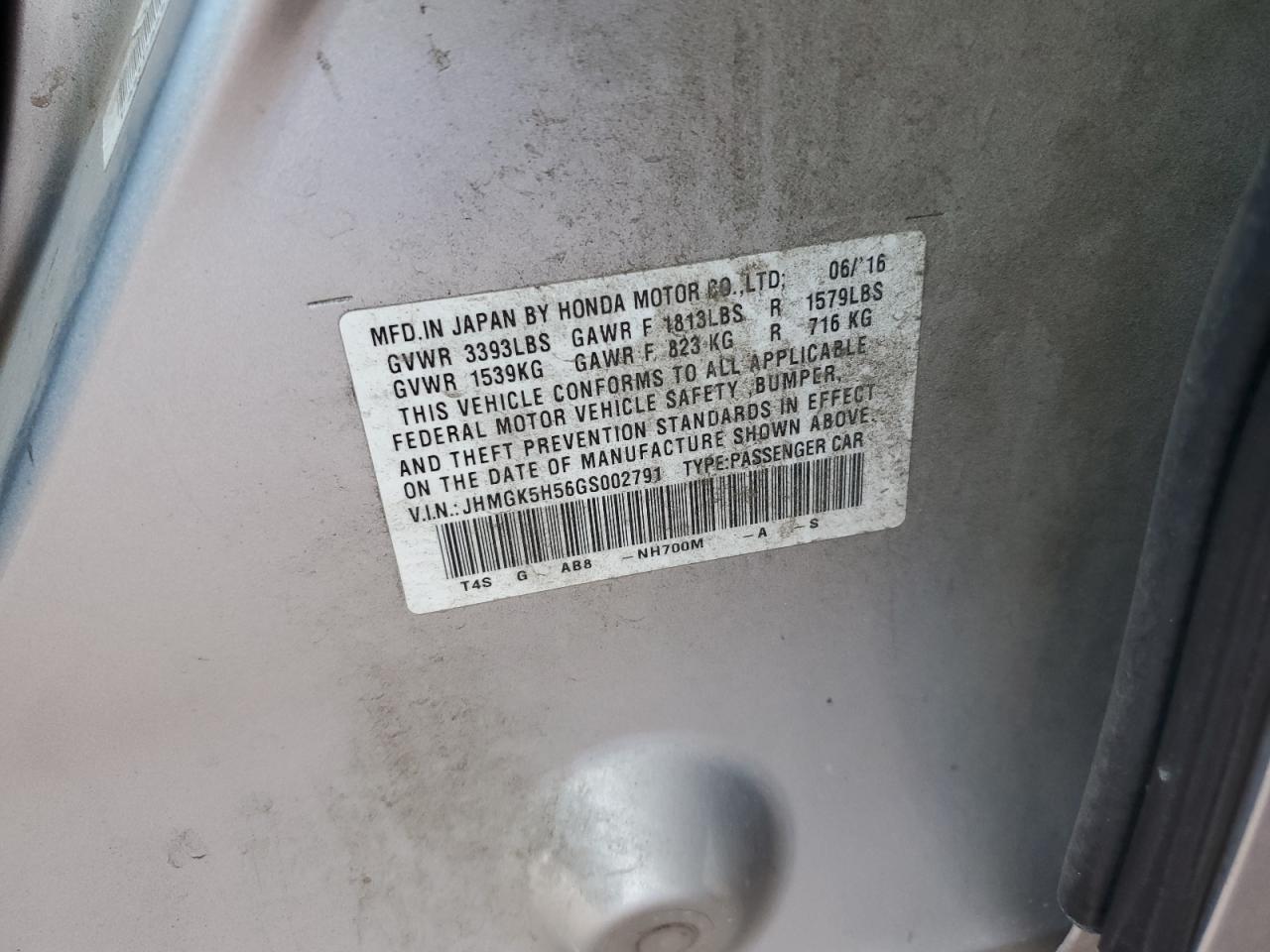 2016 Honda Fit Lx VIN: JHMGK5H56GS002791 Lot: 84712085