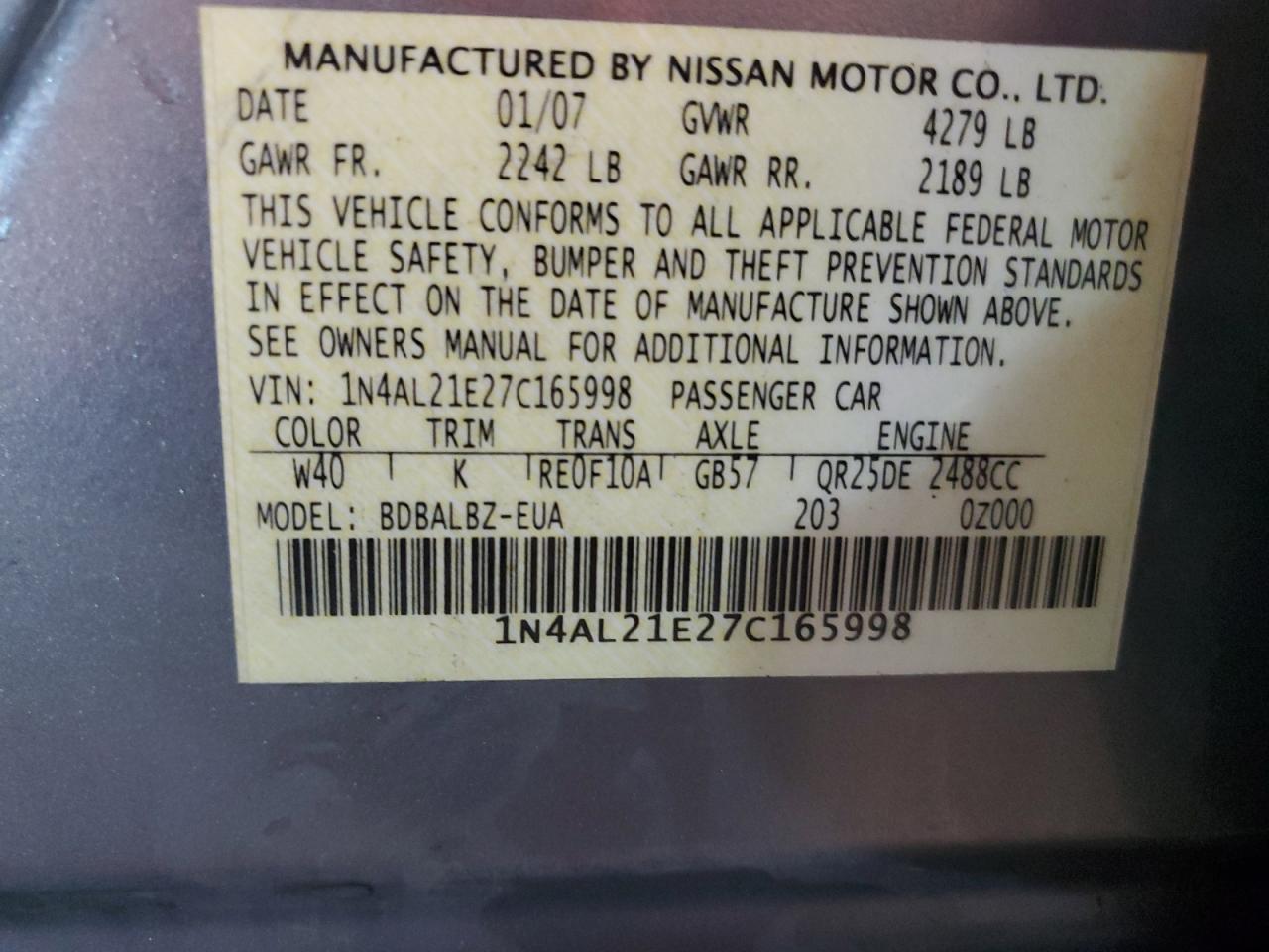 2007 Nissan Altima 2.5 VIN: 1N4AL21E27C165998 Lot: 84959995