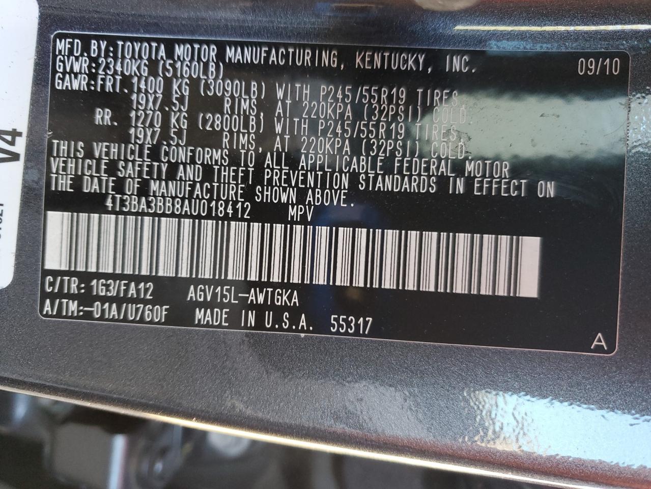 2010 Toyota Venza VIN: 4T3BA3BB8AU018412 Lot: 85168585