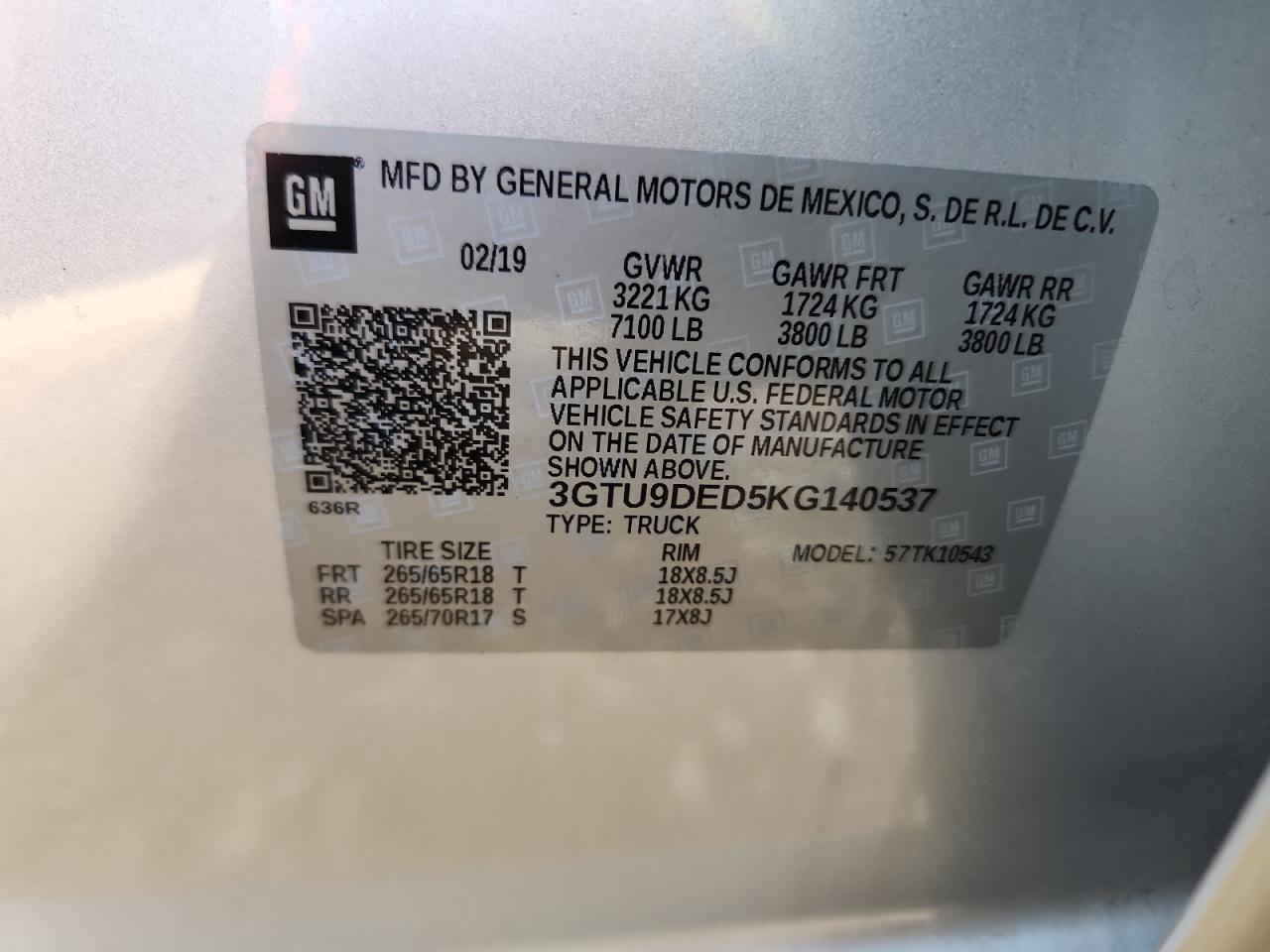 2019 GMC Sierra K1500 Slt VIN: 3GTU9DED5KG140537 Lot: 82396615