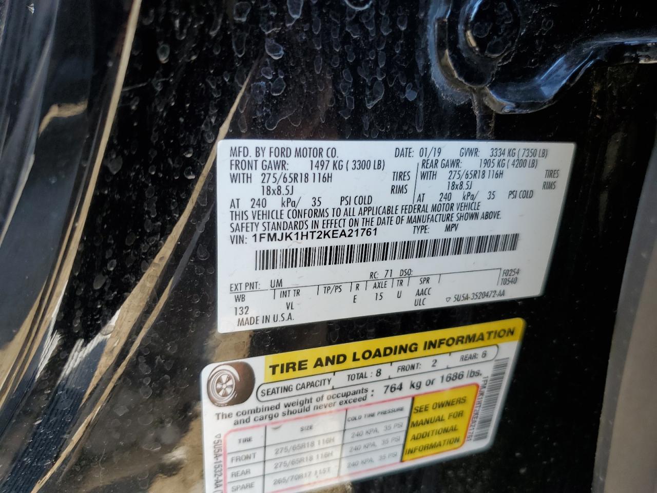 2019 Ford Expedition Max Xlt VIN: 1FMJK1HT2KEA21761 Lot: 84963525