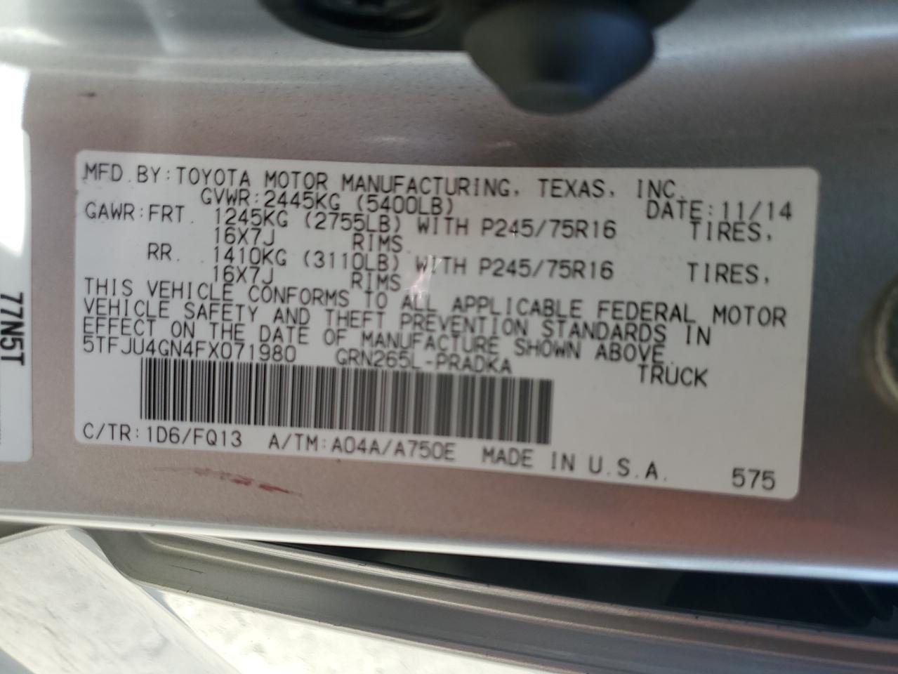 2015 Toyota Tacoma Double Cab Prerunner VIN: 5TFJU4GN4FX071980 Lot: 85717265