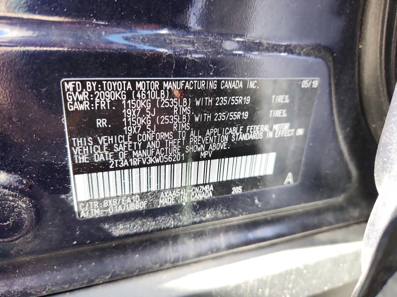 2019 Toyota Rav4 Xle Premium VIN: 2T3A1RFV3KW056201 Lot: 85332185