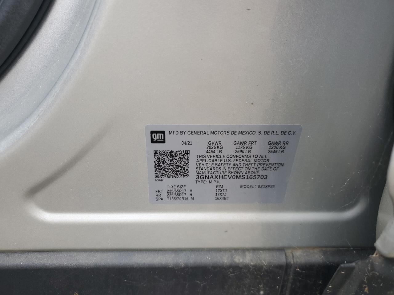 2021 Chevrolet Equinox Ls VIN: 3GNAXHEV0MS165703 Lot: 85298125