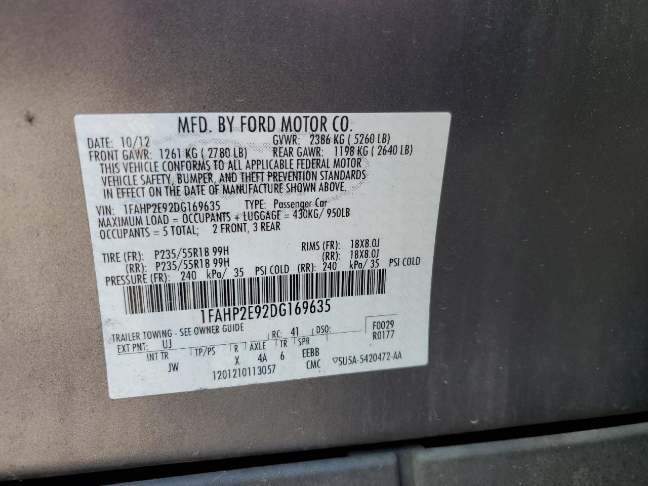 2013 Ford Taurus Sel VIN: 1FAHP2E92DG169635 Lot: 90569275