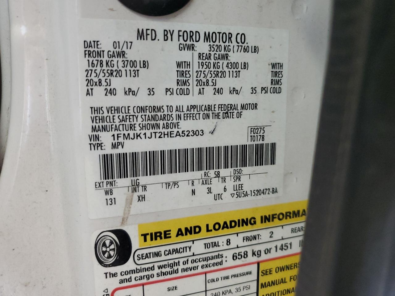 2017 Ford Expedition El Xlt VIN: 1FMJK1JT2HEA52303 Lot: 82202655