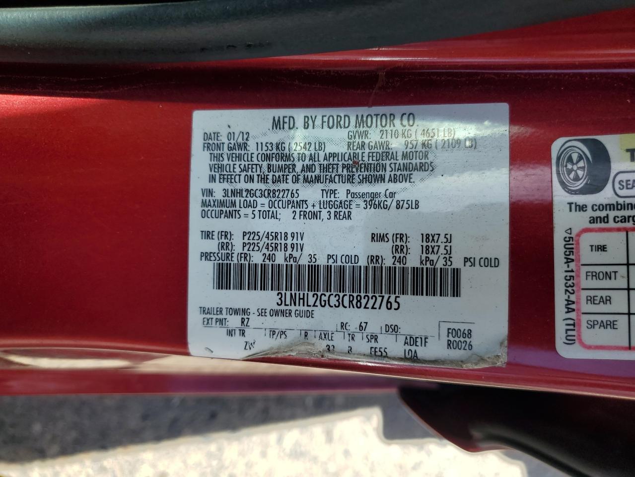 2012 Lincoln Mkz VIN: 3LNHL2GC3CR822765 Lot: 85080365
