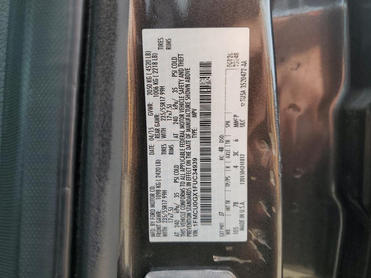 2015 Ford Escape Se VIN: 1FMCU0GX1FUC34939 Lot: 85688005