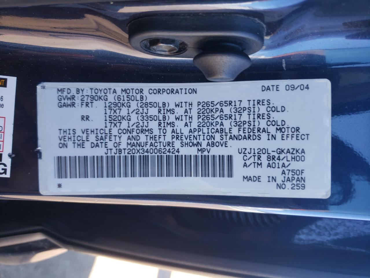 2004 Lexus Gx 470 VIN: JTJBT20X340062424 Lot: 89916565