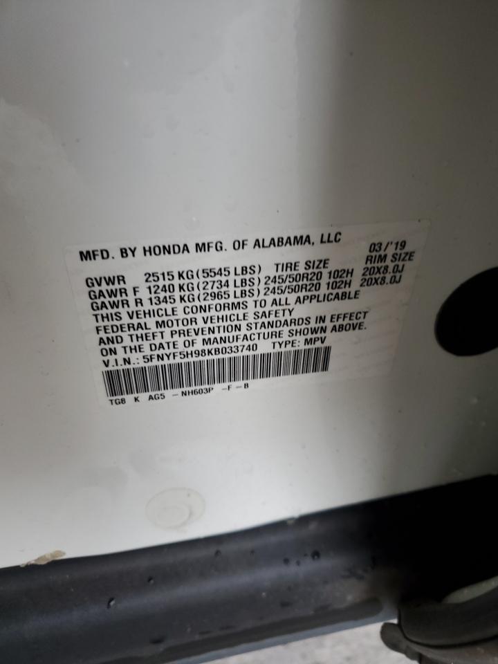 2019 Honda Pilot Touring VIN: 5FNYF5H98KB033740 Lot: 90401525