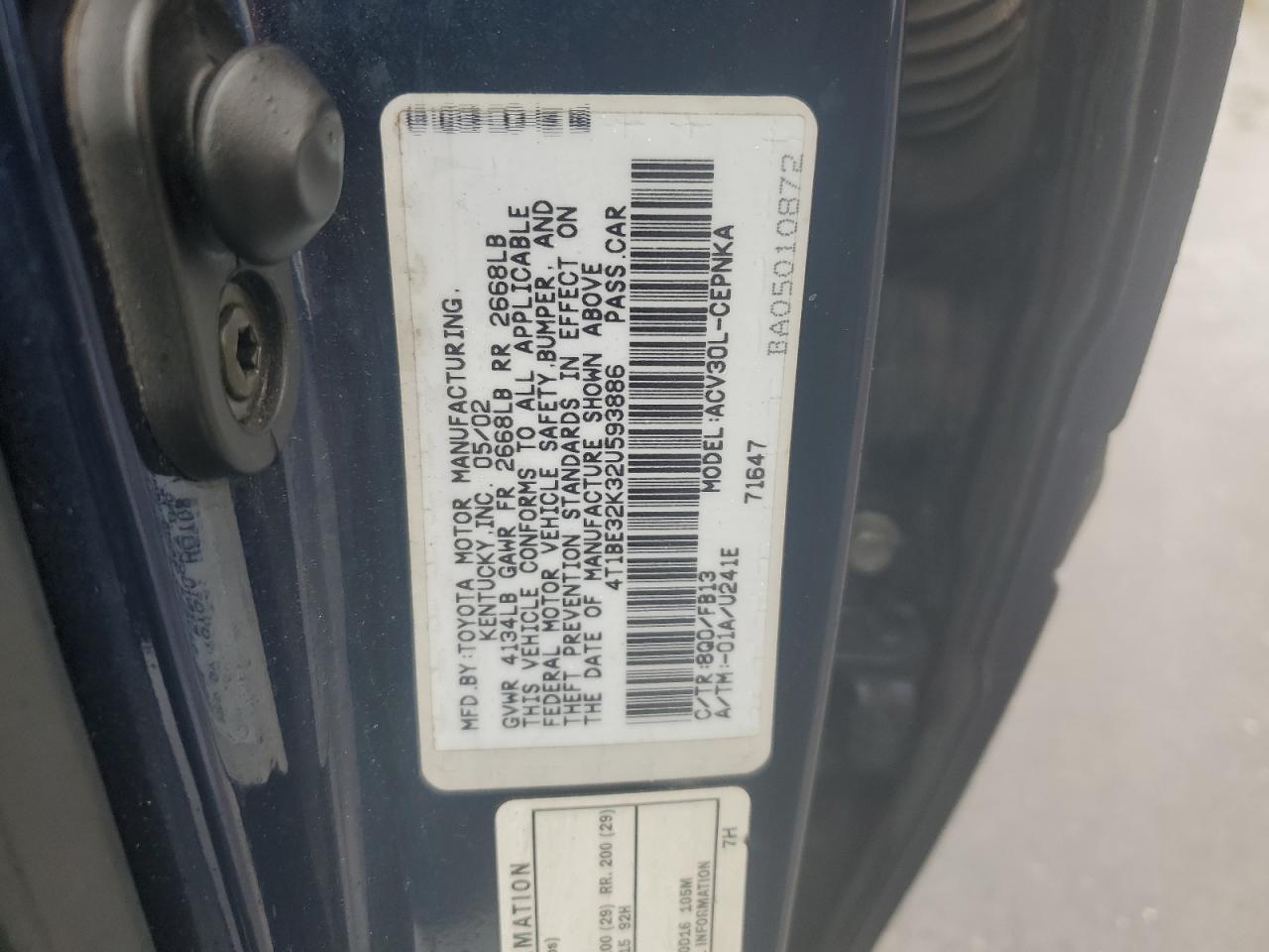 2002 Toyota Camry Le VIN: 4T1BE32K32U593886 Lot: 85887695