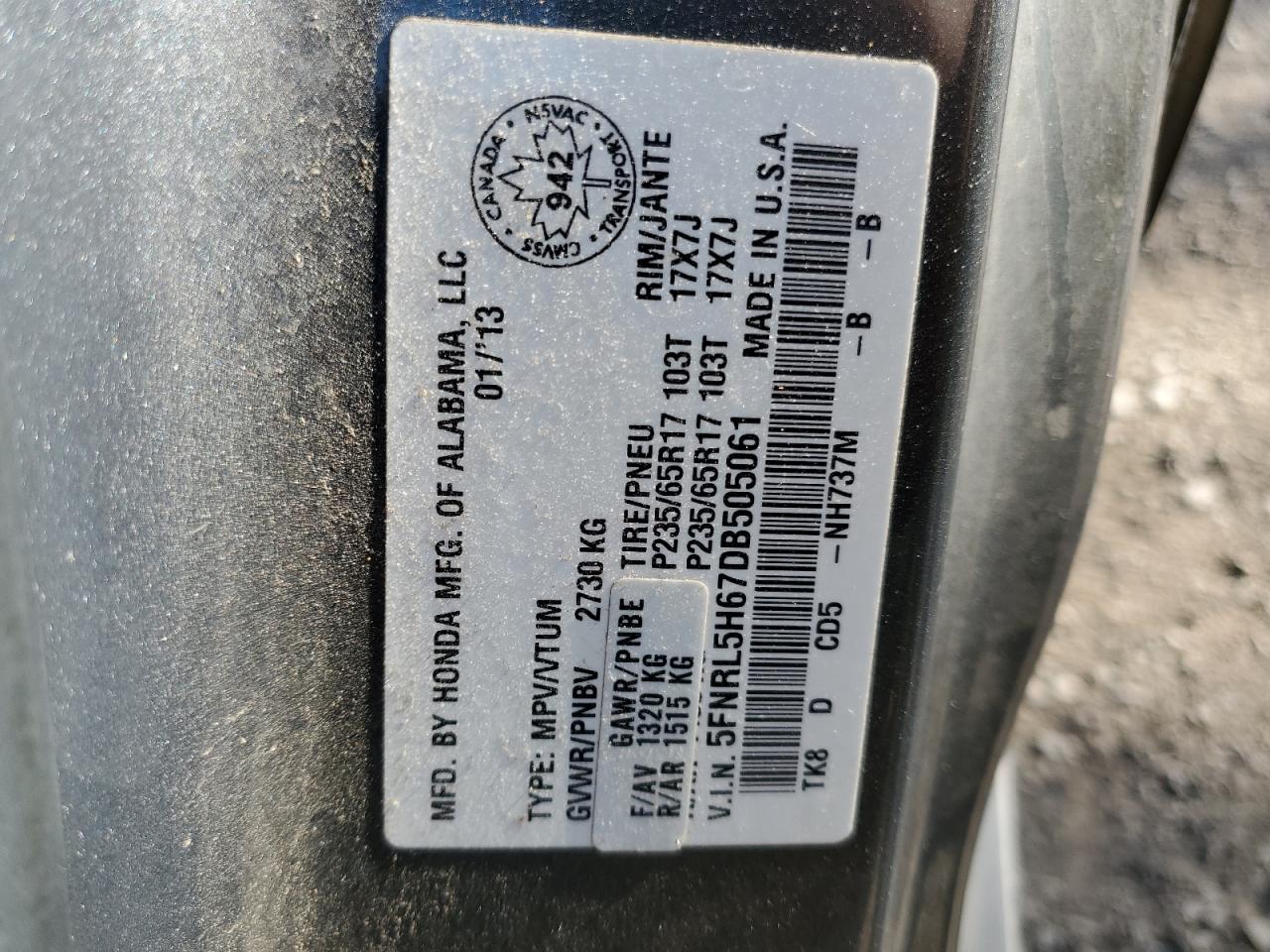 2013 Honda Odyssey Exl VIN: 5FNRL5H67DB505061 Lot: 86184155