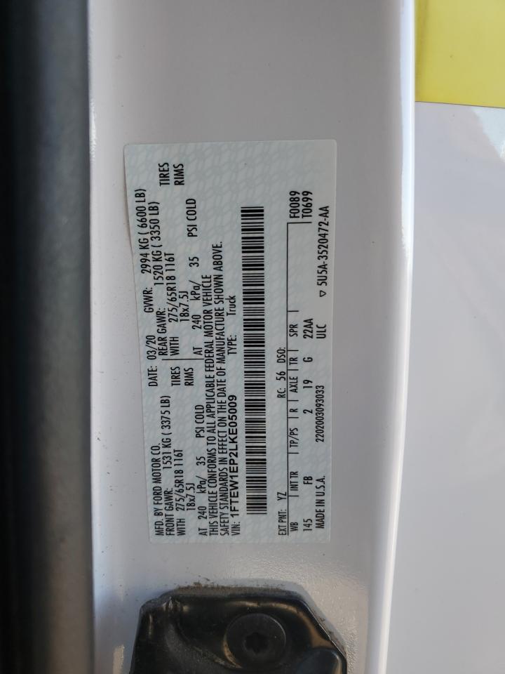 2020 Ford F150 Supercrew VIN: 1FTEW1EP2LKE05009 Lot: 85167005