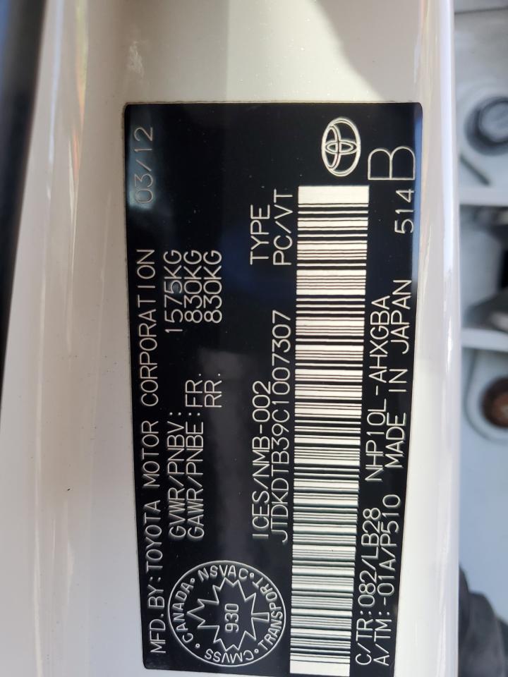 2012 Toyota Prius C VIN: JTDKDTB39C1007307 Lot: 84910615