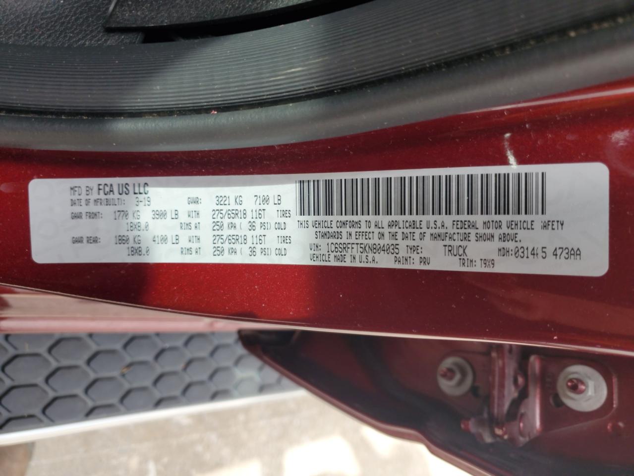 2019 Ram 1500 Big Horn/Lone Star VIN: 1C6SRFFT5KN804035 Lot: 86497555