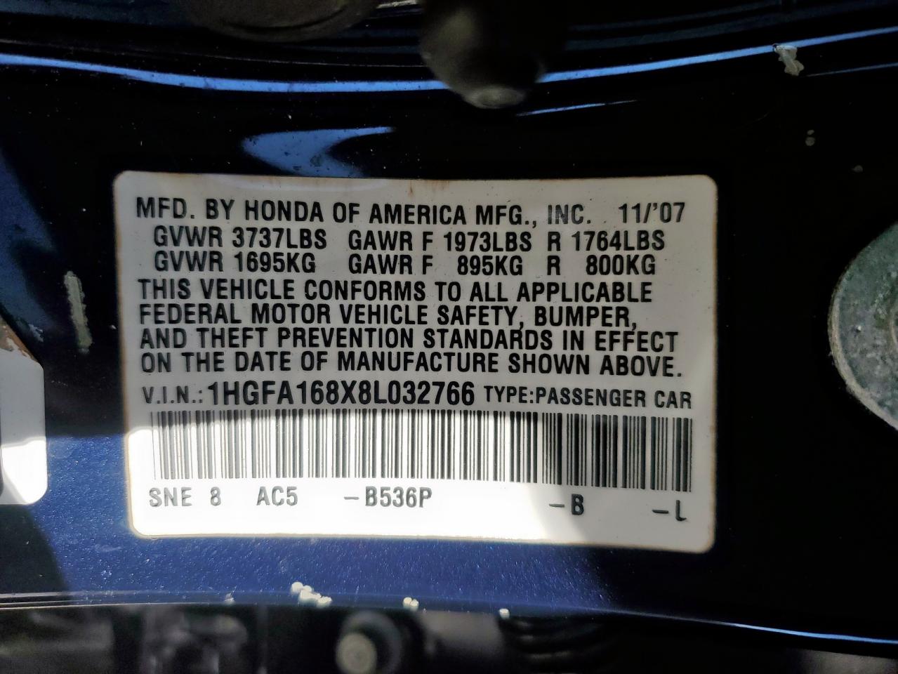 2008 Honda Civic Ex VIN: 1HGFA168X8L032766 Lot: 86278845