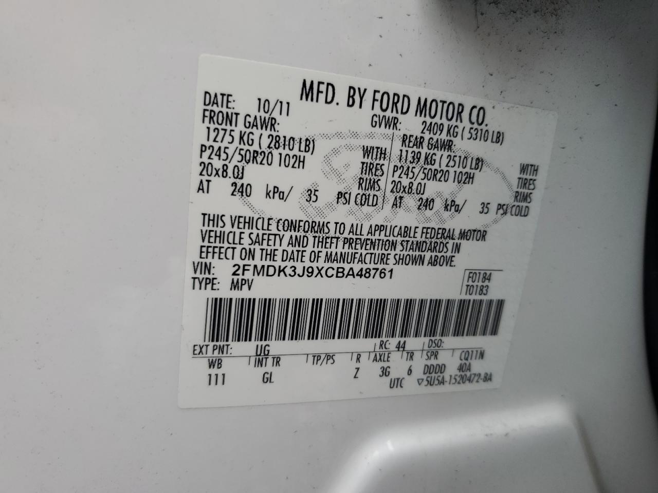 2012 Ford Edge Sel VIN: 2FMDK3J9XCBA48761 Lot: 90145825