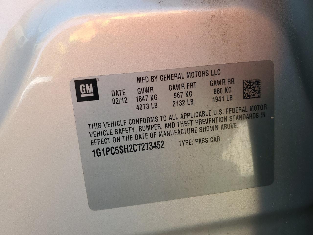 2012 Chevrolet Cruze Ls VIN: 1G1PC5SH2C7273452 Lot: 82410655