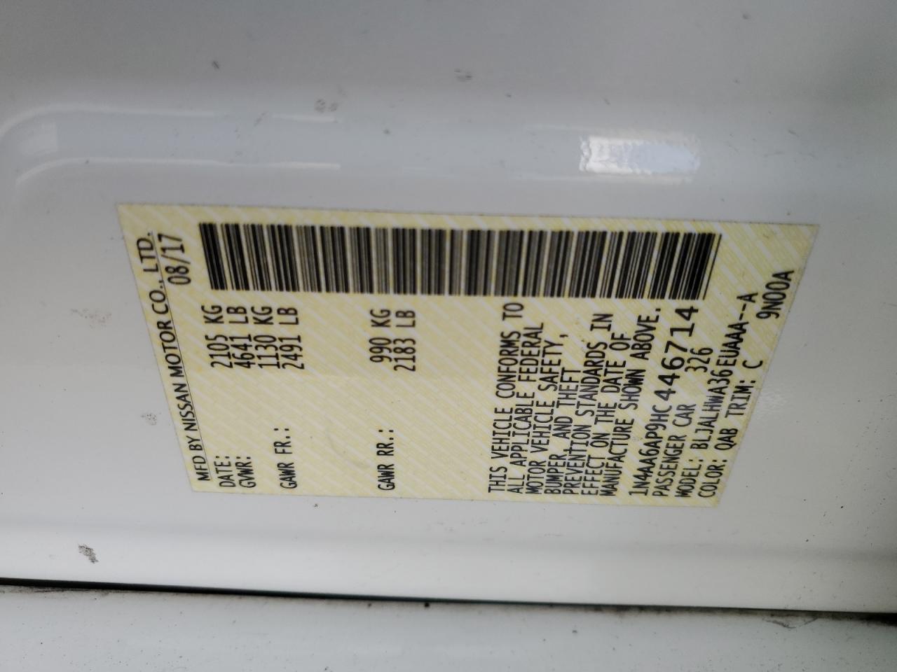 2017 Nissan Maxima 3.5S VIN: 1N4AA6AP9HC446714 Lot: 86287535