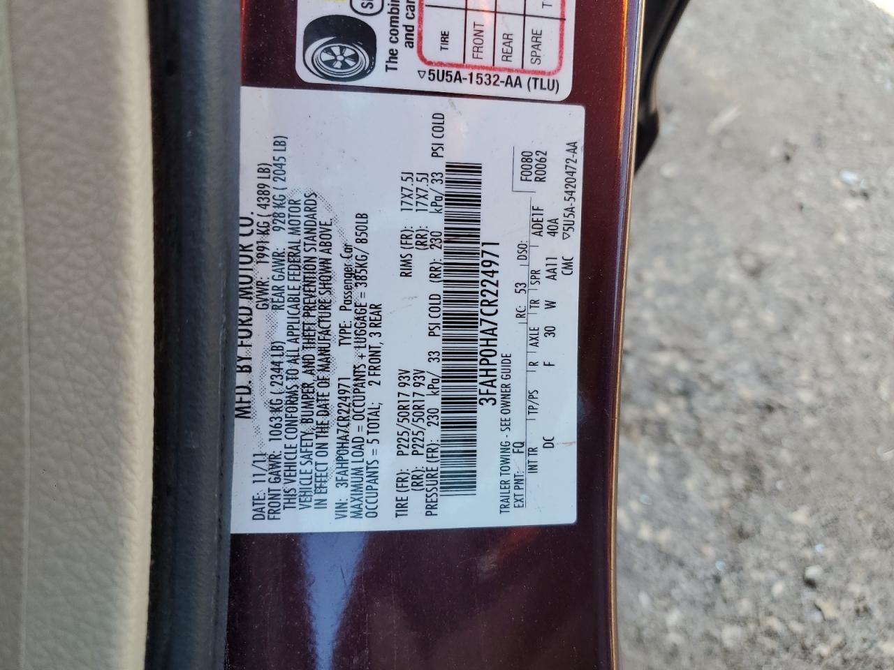 2012 Ford Fusion Se VIN: 3FAHP0HA7CR224971 Lot: 86084615