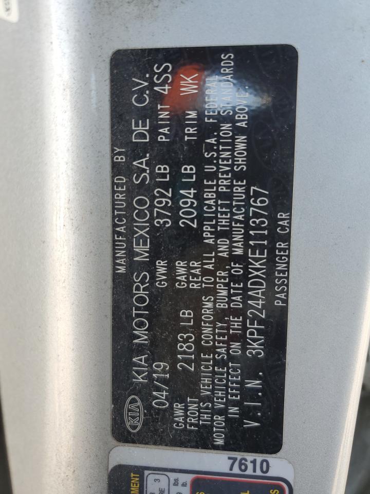 2019 Kia Forte Fe VIN: 3KPF24ADXKE113767 Lot: 90330165