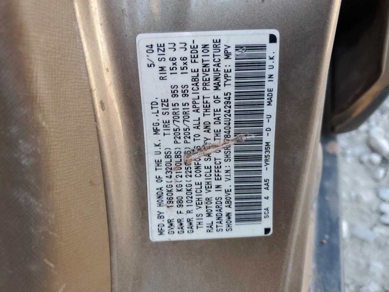 2004 Honda Cr-V Lx VIN: SHSRD78404U242945 Lot: 90505775