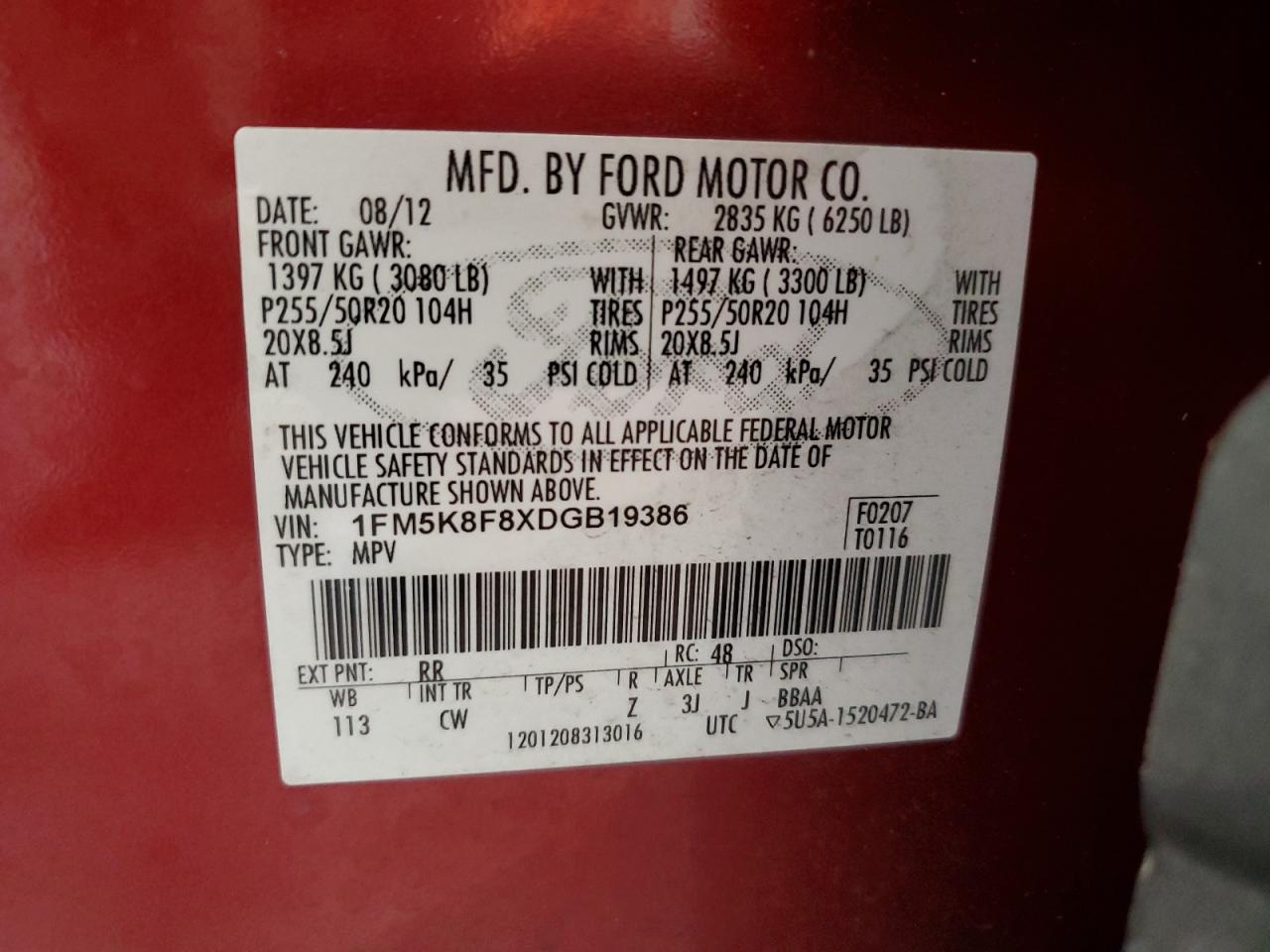 2013 Ford Explorer Limited VIN: 1FM5K8F8XDGB19386 Lot: 81471515