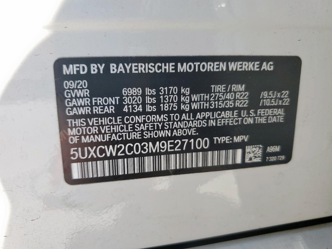 2021 BMW X7 xDrive40I VIN: 5UXCW2C03M9E27100 Lot: 90796165