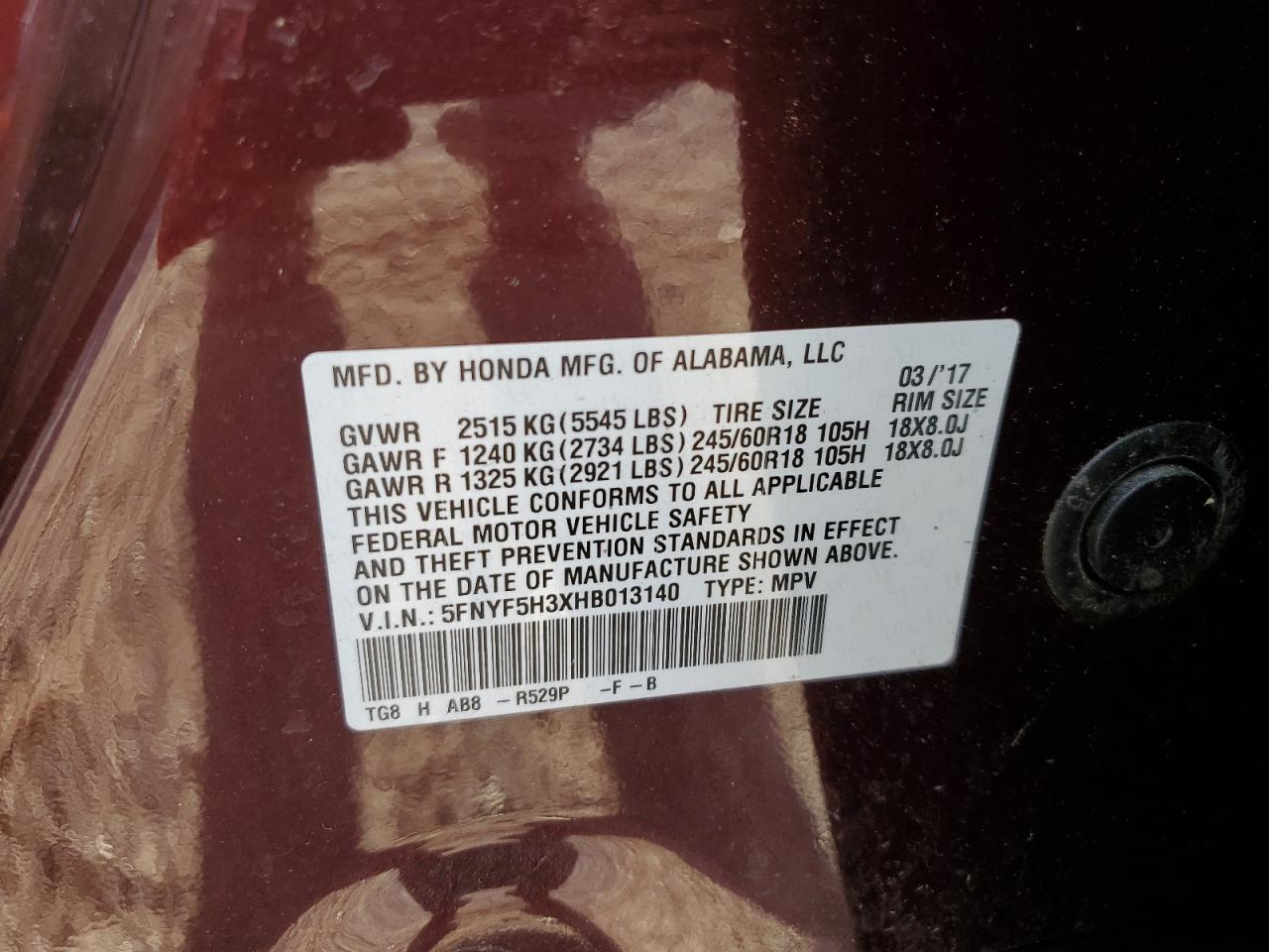 2017 Honda Pilot Ex VIN: 5FNYF5H3XHB013140 Lot: 82356685