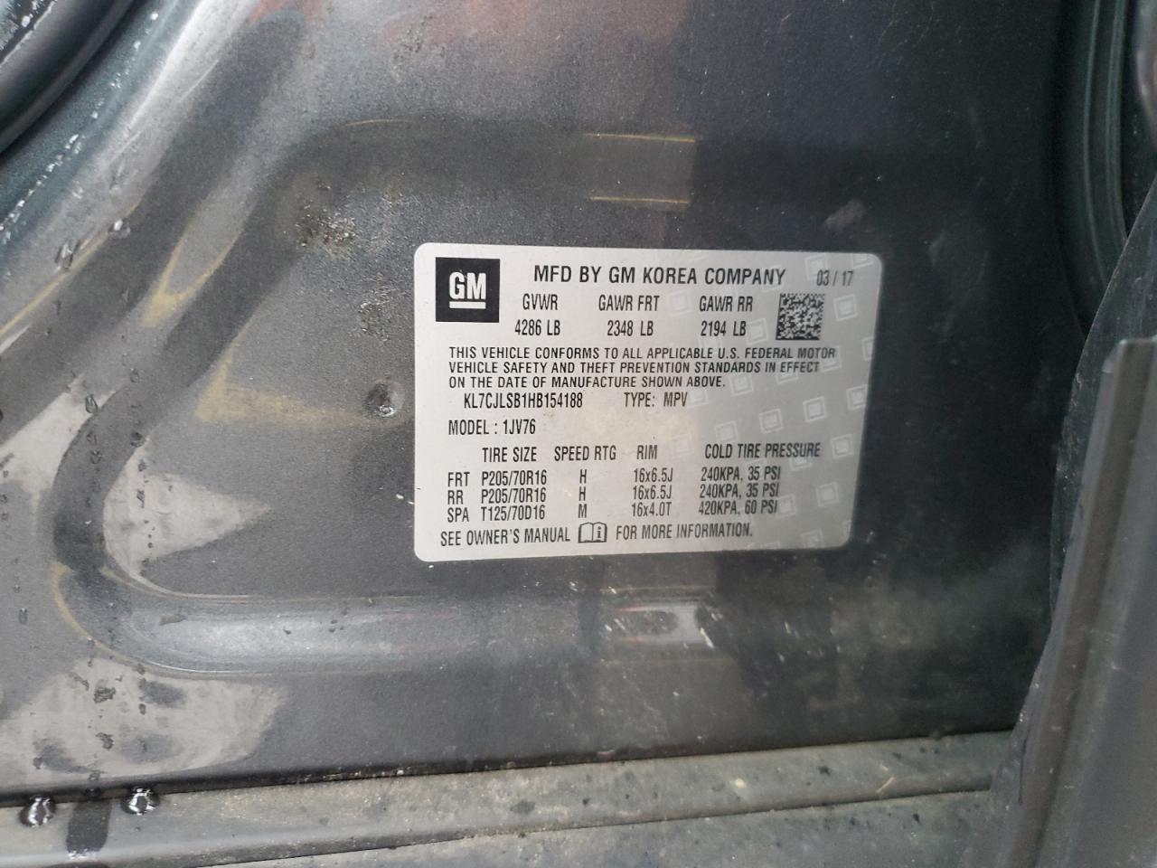 2017 Chevrolet Trax 1Lt VIN: KL7CJLSB1HB154188 Lot: 81907115