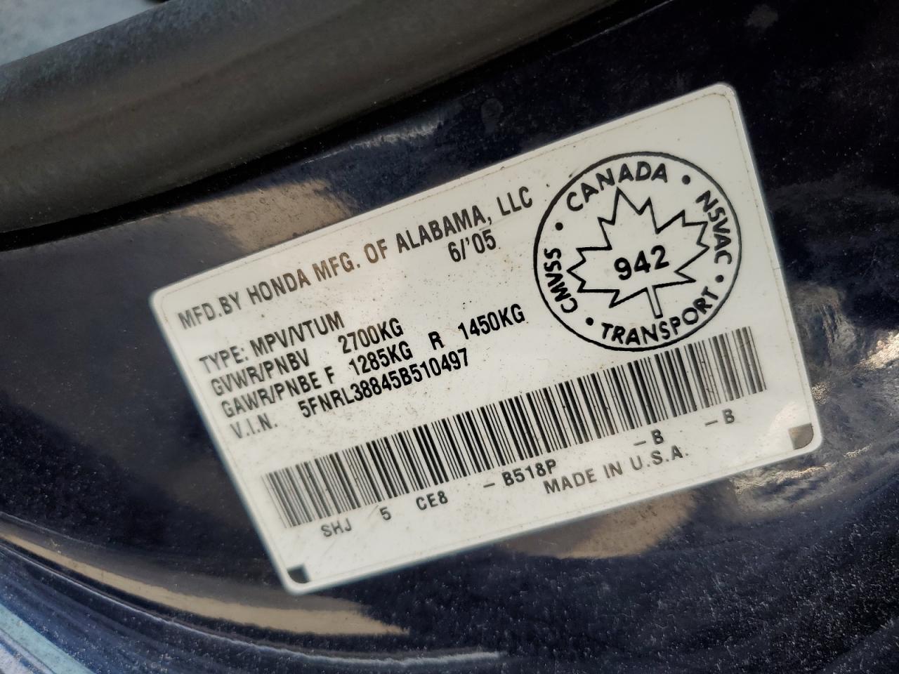 2005 Honda Odyssey Touring VIN: 5FNRL38845B510497 Lot: 80063025