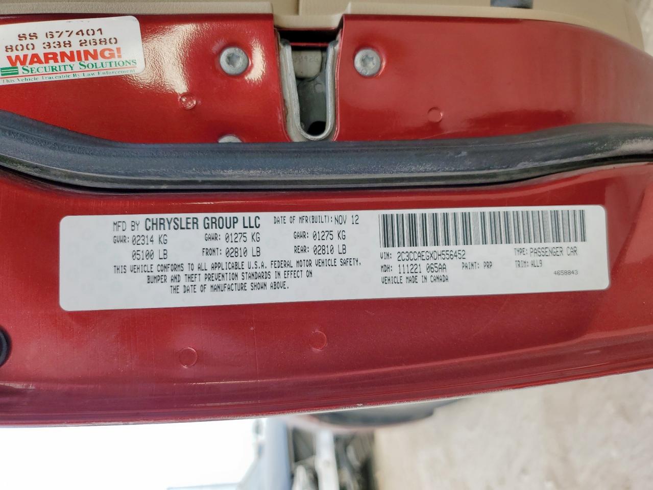 2013 Chrysler 300C VIN: 2C3CCAEGXDH556452 Lot: 85376085