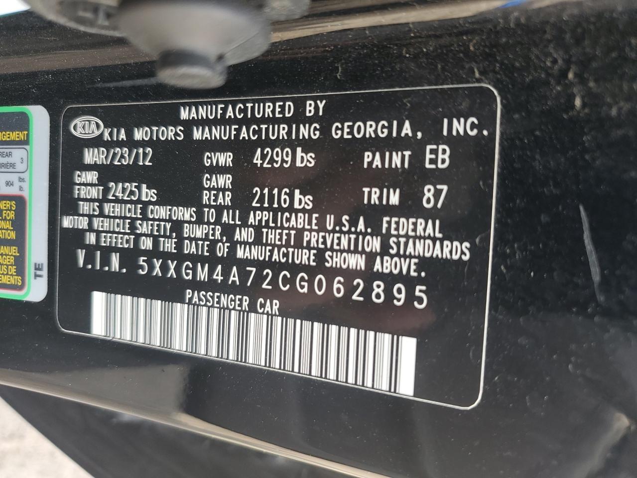 2012 Kia Optima Lx VIN: 5XXGM4A72CG062895 Lot: 82218455