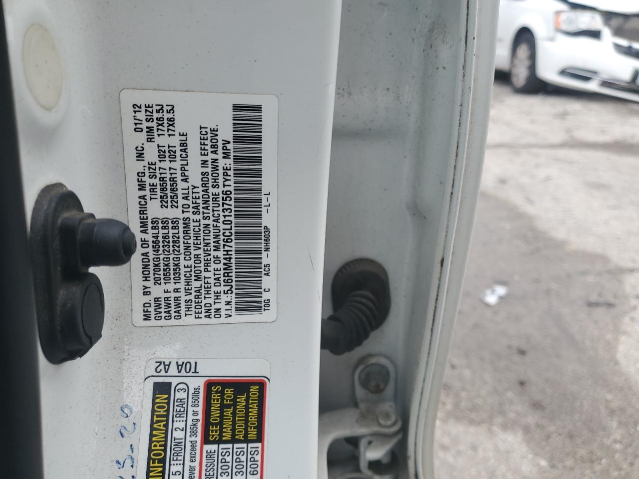 2012 Honda Cr-V Exl VIN: 5J6RM4H76CL013756 Lot: 87006695